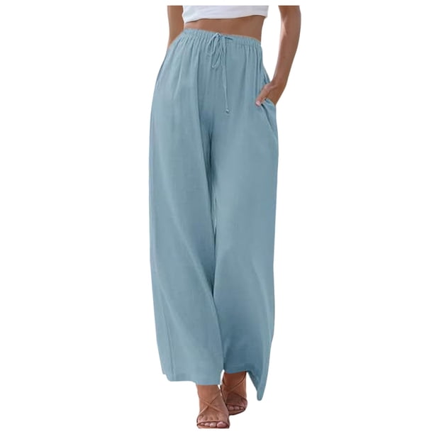 Pantalones palazzo de lino de cintura alta y pierna ancha para mujer - Pantalones de playa con cordón - Tallas S-3XL