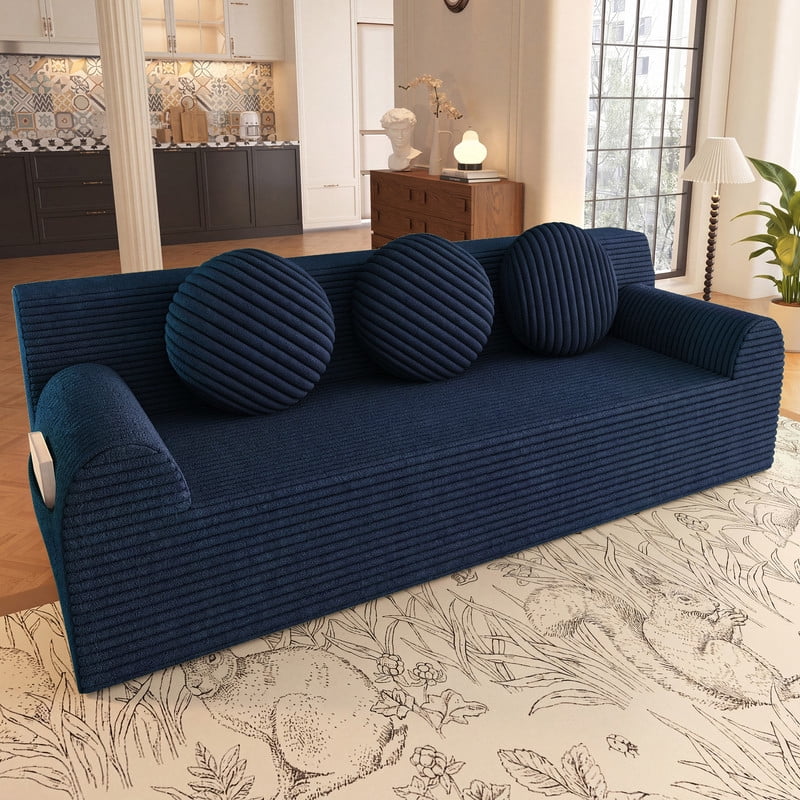 PORKISS 71 Inch Blue Corduroy Couch, Boneless Cloud Couch, No Assembly Floor Sofa with 3 Round Pillows, Comfy 3 Seater Sofa Couch for Living Room, Apartment, Bedroom, Small Space