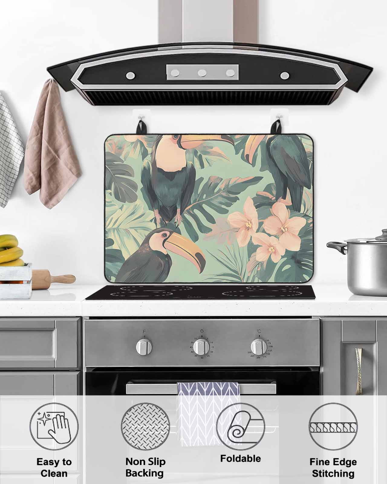 nqOlkjepod Large Induction Cooktop Protector Mat 24"x21", Summer Parrot Stove Top Covers for Electric Stove, Tropical Bloom Pink Flower Palm Leaf Stove Burner Cover Mats, Glass Top Stove Cover