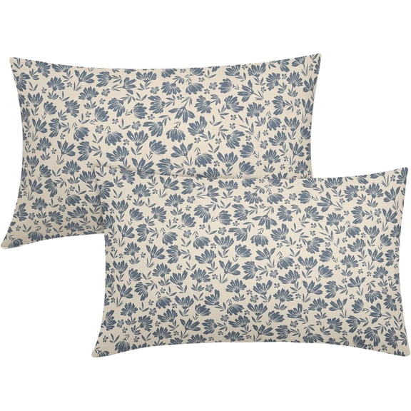 Daisy Floral Block Print Lumbar Pillow Covers 12X20 Inch Gray Blue Beige Flowers Decorative Pillow Cases Set of 2 Farmhouse Home Decor Vintage Rustic Cute Throw Pillows for Sofa Couch Outdoor