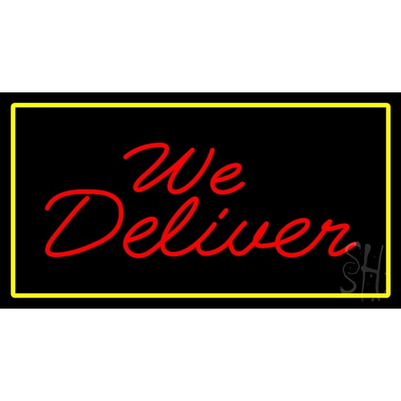 We Deliver Rectangle Yellow LED Neon Sign 13 x 24 - inches, Clear Edge Cut Acrylic Backing, with Dimmer - Bright and Premium built indoor LED Neon Sign for restaurant window and interior decor.