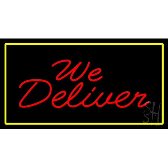 We Deliver Rectangle Yellow LED Neon Sign 20 x 37 - inches, Black Square Cut Acrylic Backing, with Dimmer - Bright and Premium built indoor LED Neon Sign for restaurant window and interior decor.