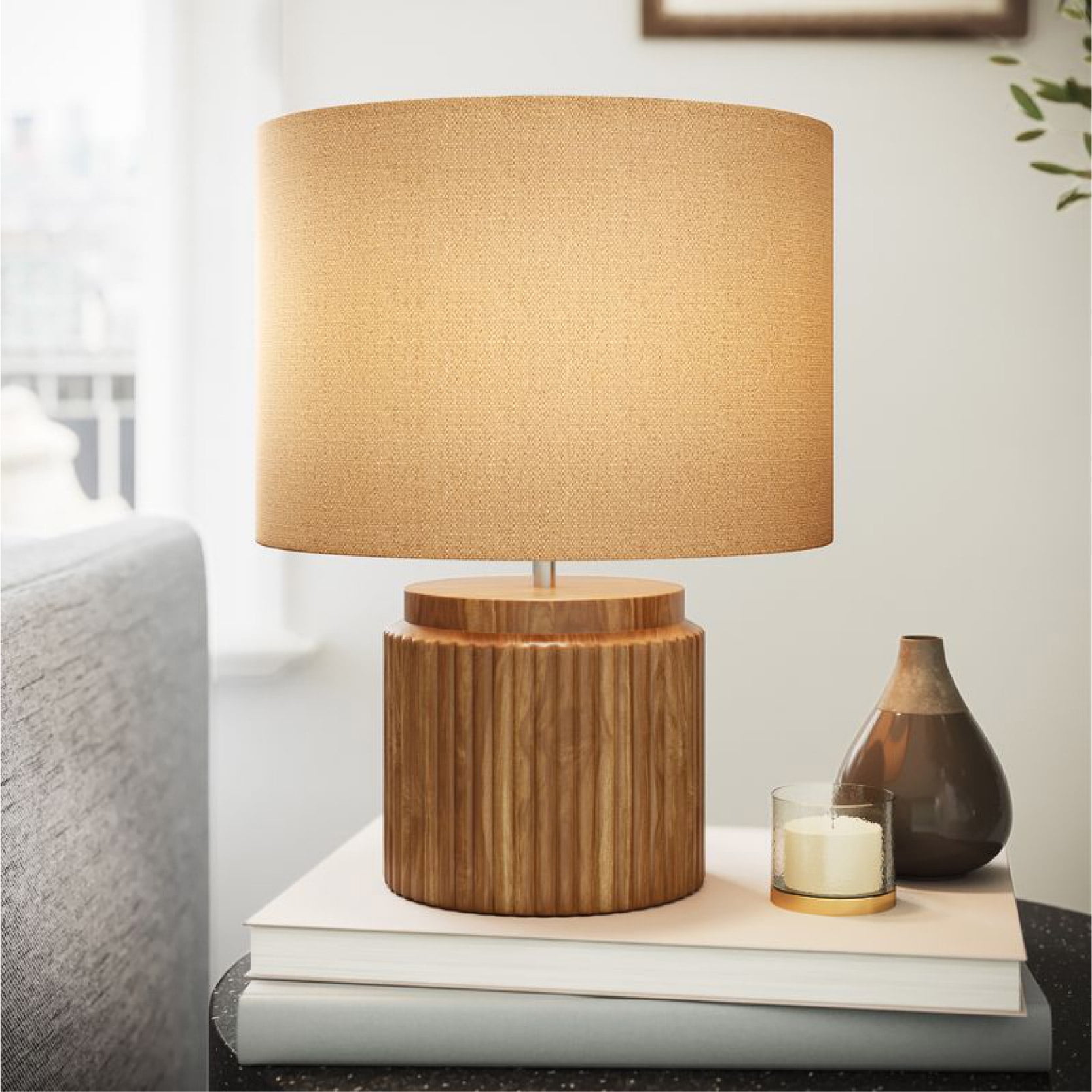 Beautiful 10.25" x 10.25" x 14" Brown Faux Ribbed Wood Table Lamp by Drew Barrymore