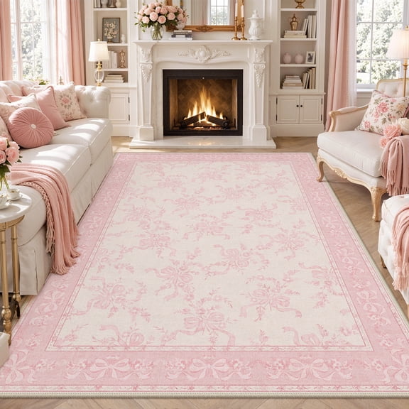 GENIMO 5'x7' Area Rug for Living Room, Washable Non Slip Soft Floral Rug for Bedroom Dining Room Home Office, Blush Pink