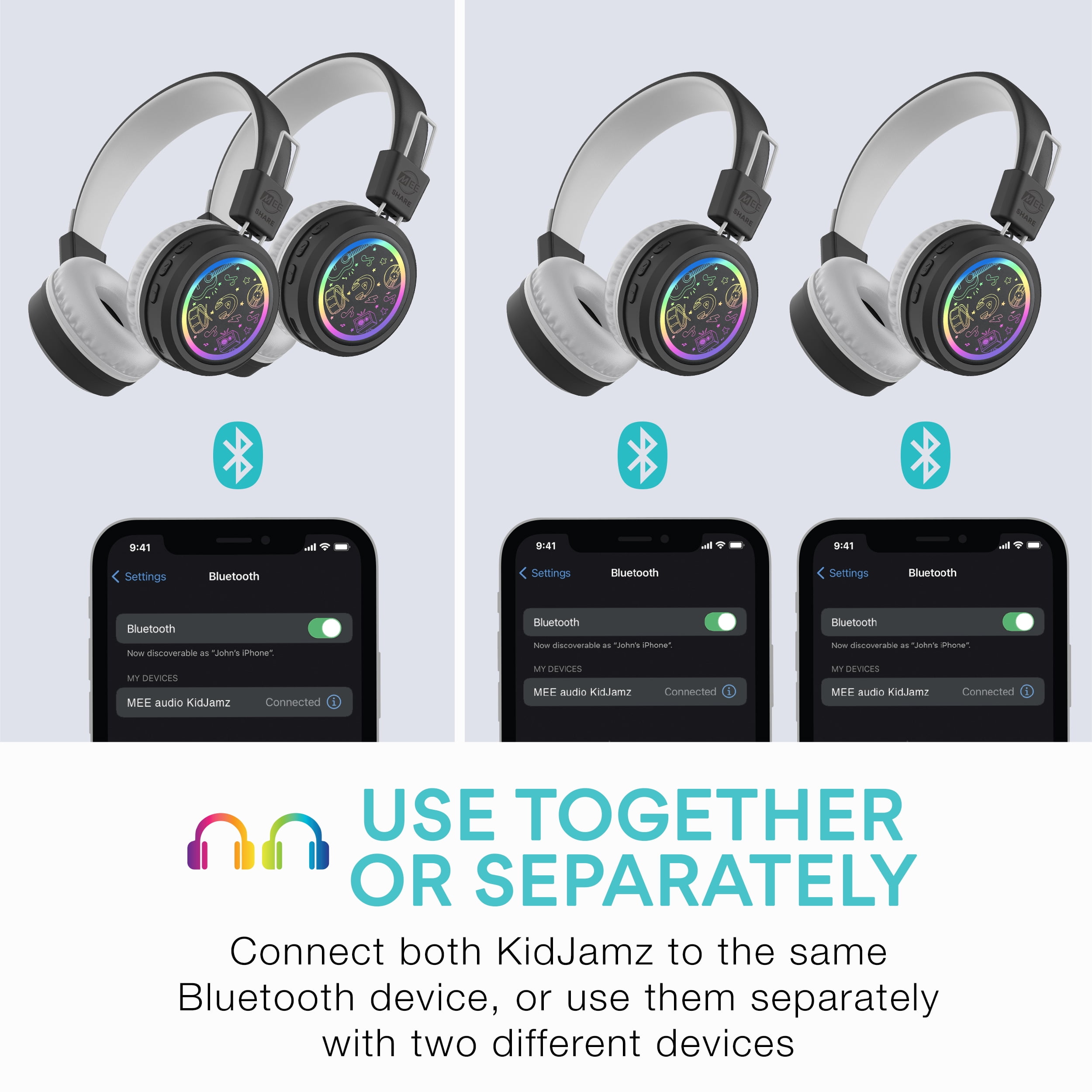 MEE audio 2-Pack of KidJamz Bluetooth Wireless Headphones for Kids w/ Multipoint, LED Lights, 40h battery; Mic; Children's Headset for School/Classroom/Online Learning (KJ55BT-S, 2 PACK)