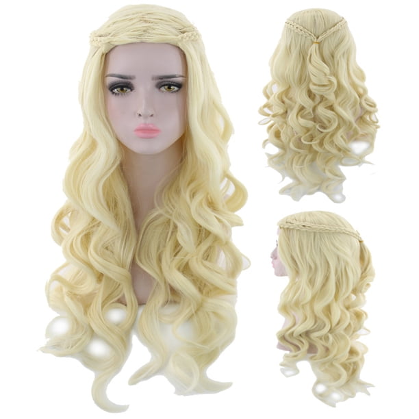Peluca para cosplay anime de 70 cm de largo, rubia y rizada con corona trenzada