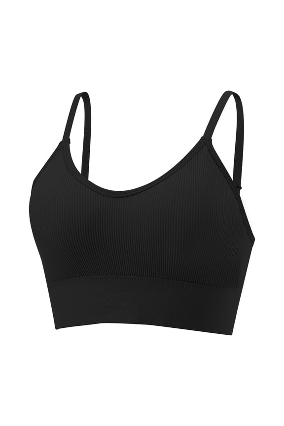 Seamless Ribbed Knit Bralette with Adjustable Straps for Women Soft Stretch Pullover Crop Tank Top Underwear Black 34
