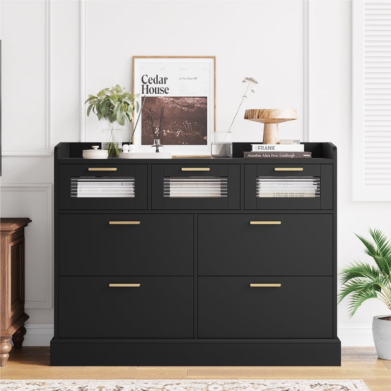 Homfa 7 Drawer Black Dresser, Glass Panel Wood Storage Cabinet with Gold Handles, 44.5""x15.7""x35.4" - Walmart.com Homfa 7 Drawer Black Dresser, Glass Panel Wood Storage Cabinet with Gold Handles, 44.5""x15.7""x35.4" - Walmart.com