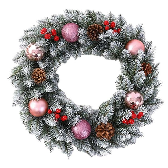 Corona de Navidad artificial, corona de Navidad de imitación, hojas de Navidad, decoración de guirnalda navideña para pared de fiesta Rosa