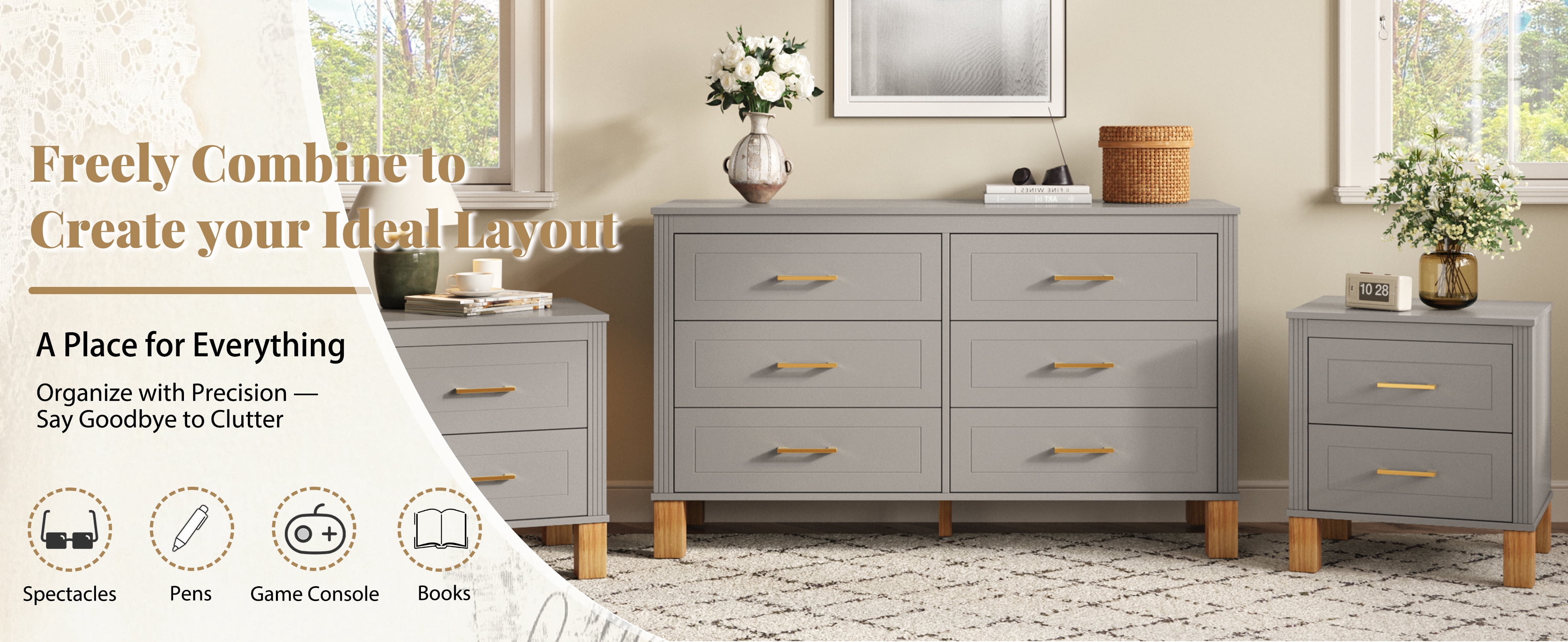 2 Drawer Nightstand, Fluted Design Bedside Table with Solid Wood Legs & Metal Handles, MDF Frame Storage Cabinet, Tall End Table for Bedroom Living Room