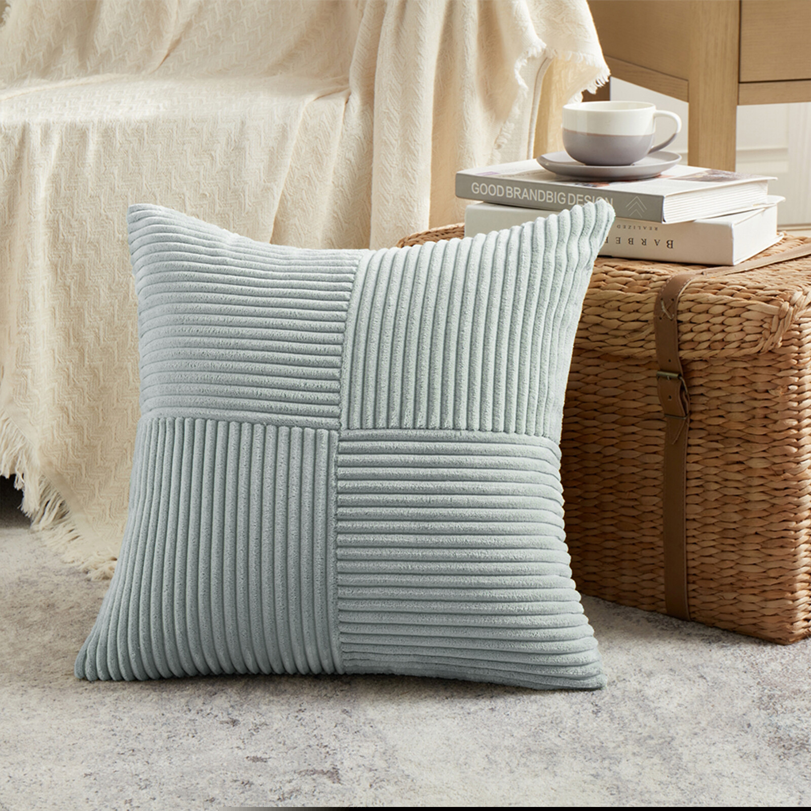 thumbnail image 6 of Fancy Homi 2 packs Grey Blue Decorative Throw Pillow Covers 18x18 inch for Couch Bed Sofa, Rustic Boho Farmhouse Home Decor, Soft Corss Corduroy Patchwork Textured Square Cushion Case 45x45 cm, 6 of 9