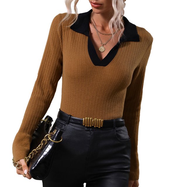 Mujeres campana manga suéter elegante slim fit V Masajeadores de cuello turn Abrigos plumas collar costilla knit Tops camisa para el trabajo