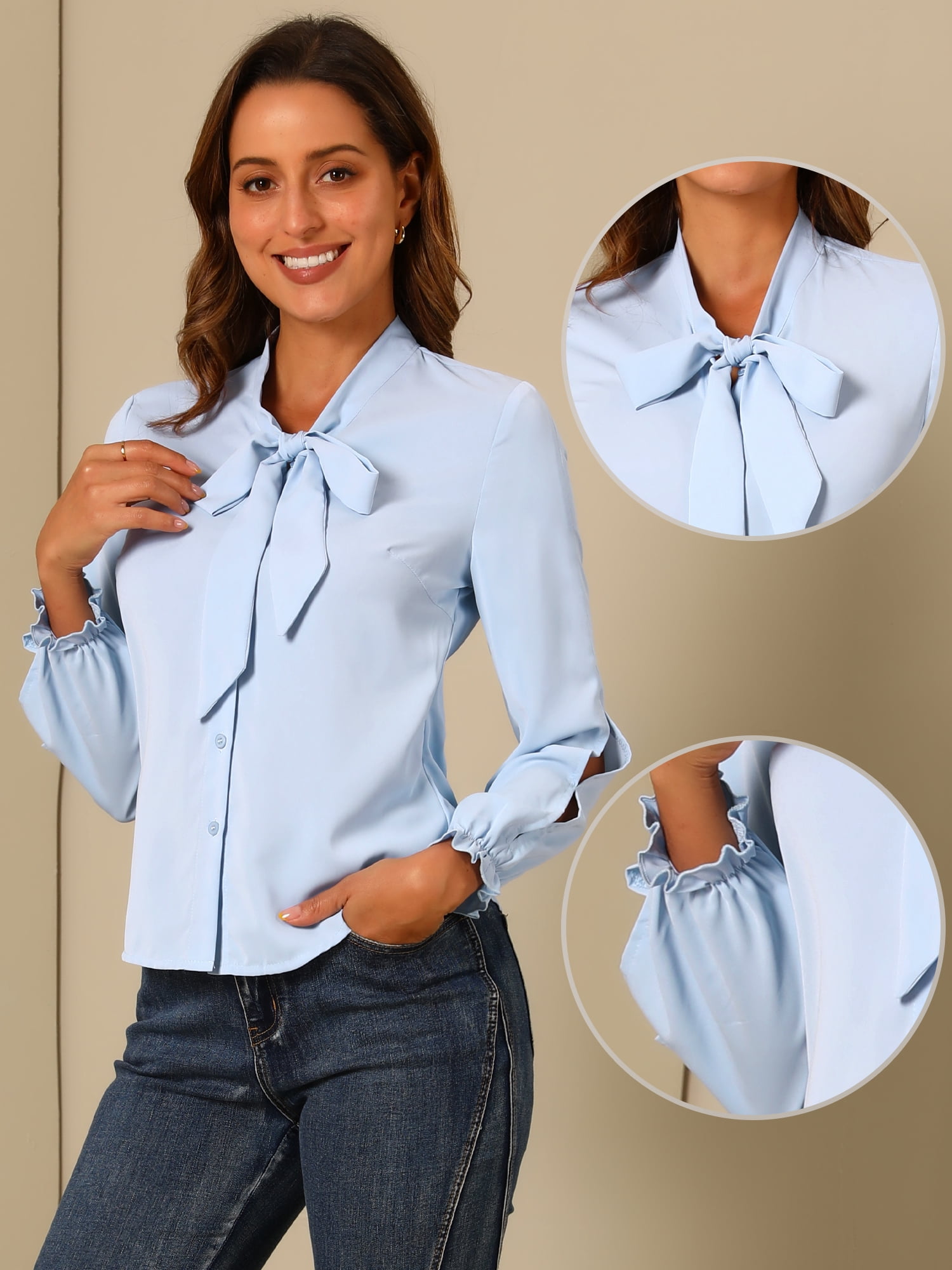 DARING DIVA Women's Elegant Bow Tie Neck Blouse Chiffon Shirt S Light Blue