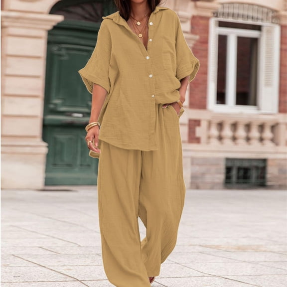 LEKWK Linen Sets for Women 2 Piece Short Sleeve Collared Button Down Tops and Loose Fit Wide Leg Pants with Pockets Summer Casual Travel Beach Sets
