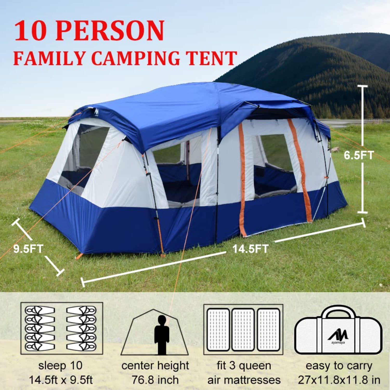 ASTRAEA 10 Person Tent for Camping, Large Waterproof Multi Room Family Tents with Skylight & Removable Rainfly, Easy Setup