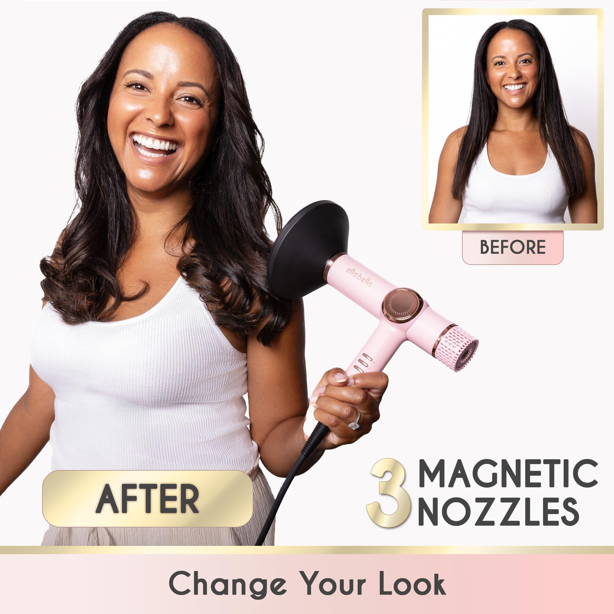 ELLA BELLA® Professional Ionic Hair Dryer with Diffuser, Negative Ion Blow Dryer, Suitable All Hair Types • Intelligent Heat Control & Rapid Drying Speeds • Lightweight Design & Low Noise (Pink)