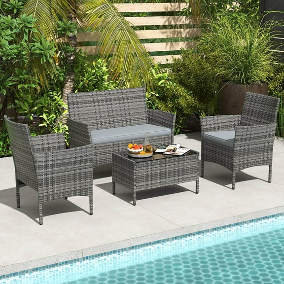 Costway 4 PCS Patio Furniture Set with Washable Cushions and Tempered Glass Coffee Table Gray