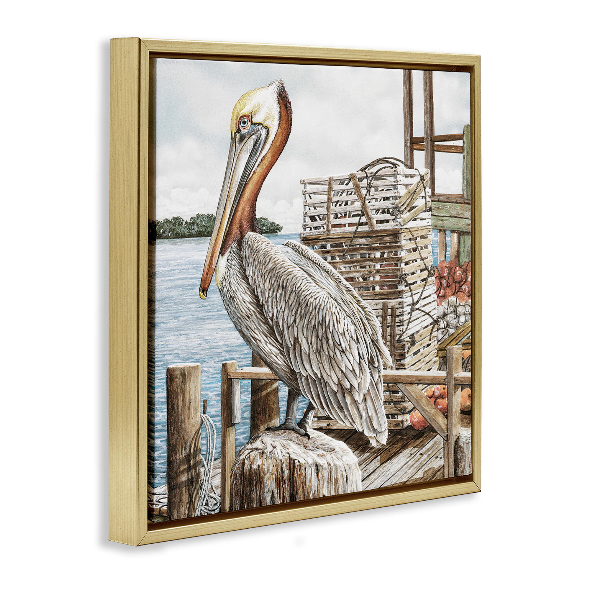 Stupell Industries Pelican Perched on Fishing Dock Animals & Insects Painting Gold Floater Framed Canvas Art Print Wall Art, 25 x 25