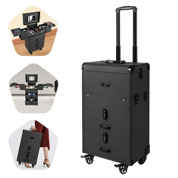 Black Rolling Makeup Train Case, Lockable Portable Cosmetic Box Organizer Trolley, Large Make up Cosmetic Orgainzer with 2  Keys