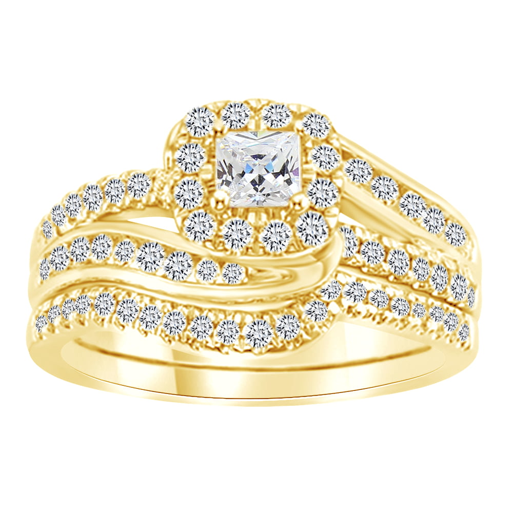 Jewel Zone US - Princess Cut White Natural Diamond Halo Bypass Bridal ...