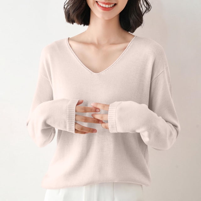 asjyhkr Women Ribbed Knit Shirts Long Sleeve V Neck Tops Solid Color Comfy Loose Fitting T Shirts Sweater