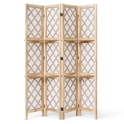 Jostyle 4 Panel Room Divider Privacy Screen with Storage Shelves Foldable with Natural Paulownia Wood Frame Diamond Pattern Non-Woven Fabric for Living Room, Bedroom, Office Espresso & White