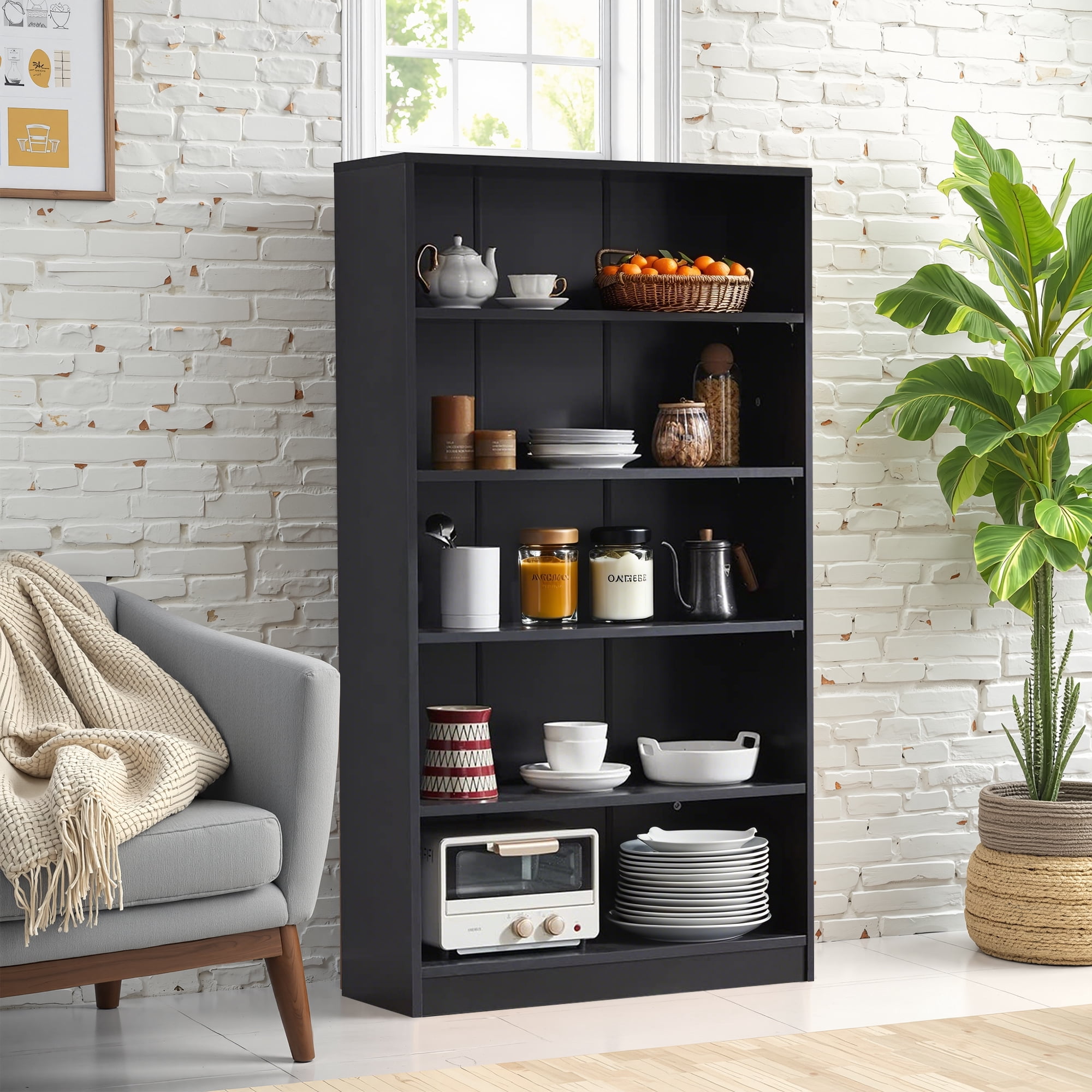 MAYEERTY Black 4-Shelf Modern Wood Bookcase, 48" Tall, for Bedroom, Living Room, and Manga Library