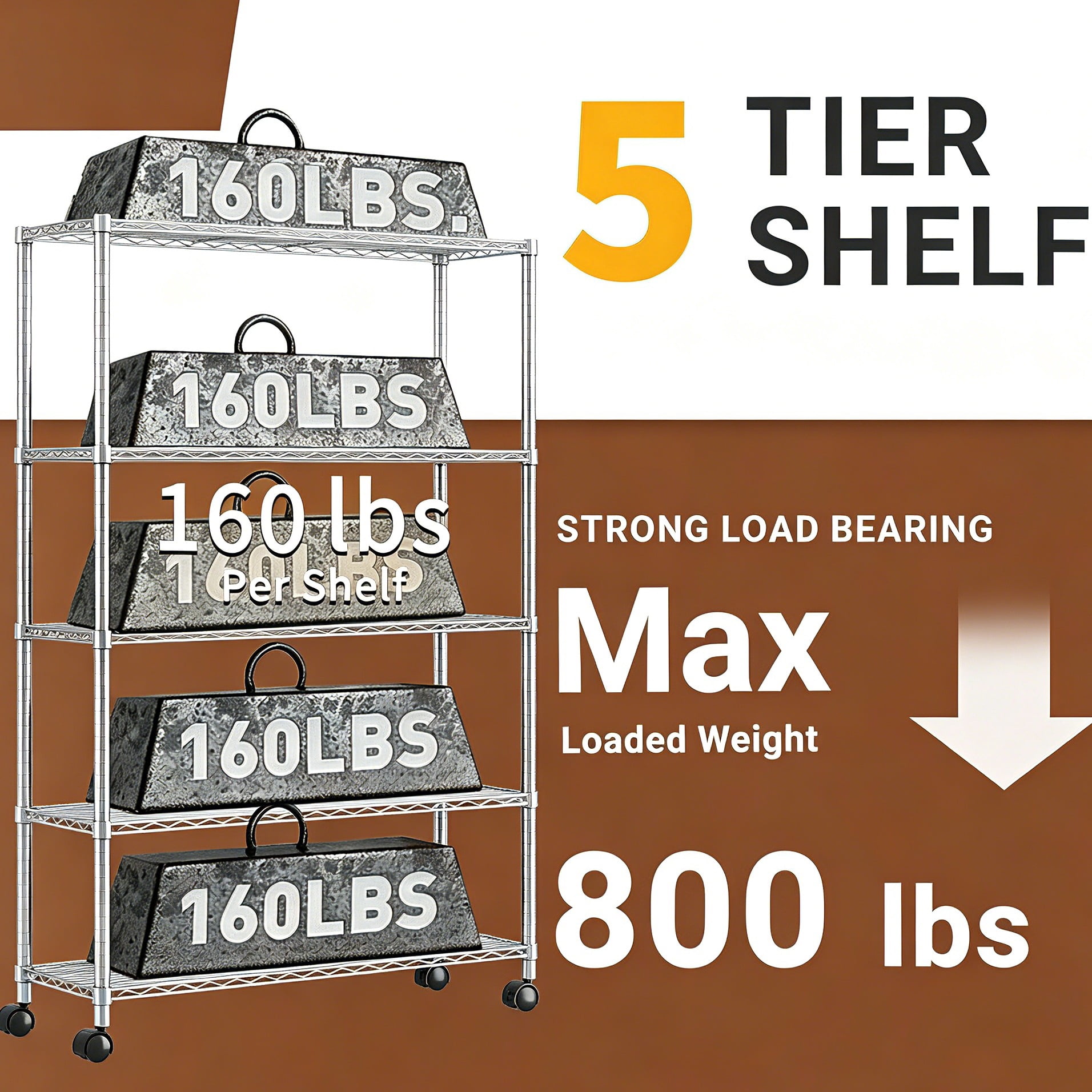 Ktaxon Commercial 5 Tier Storage Rack, Adjustable Rolling Metal Garage Shelving Chrome, 35''W x 14''D x 65''H, Capacity for 800lbs