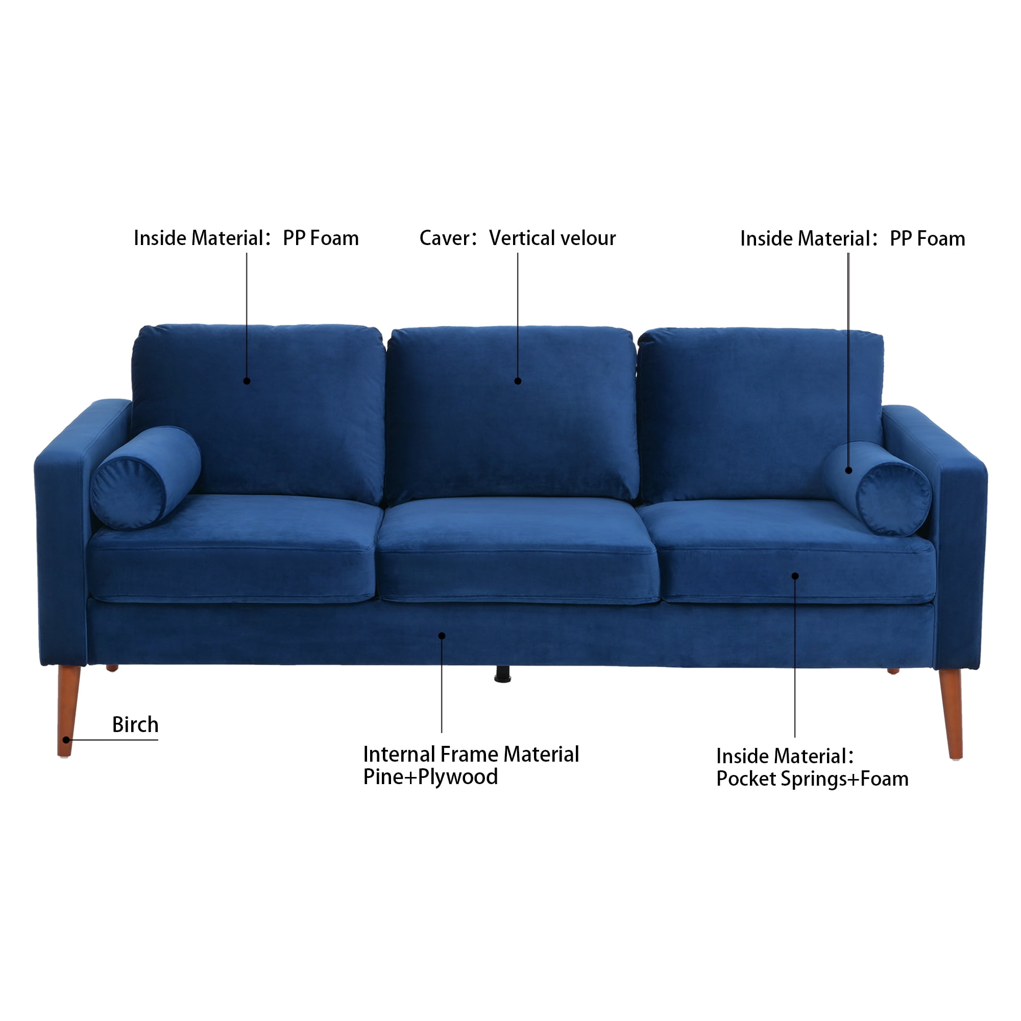 YYAo Extra Deep Filled Sofa, Vertical Velvet Upholstered Futon with Armrests and Legs for Living Room, Apartment, Blue YYAo Extra Deep Filled Sofa, Vertical Velvet Upholstered Futon with Armrests and Legs for Living Room, Apartment, Blue