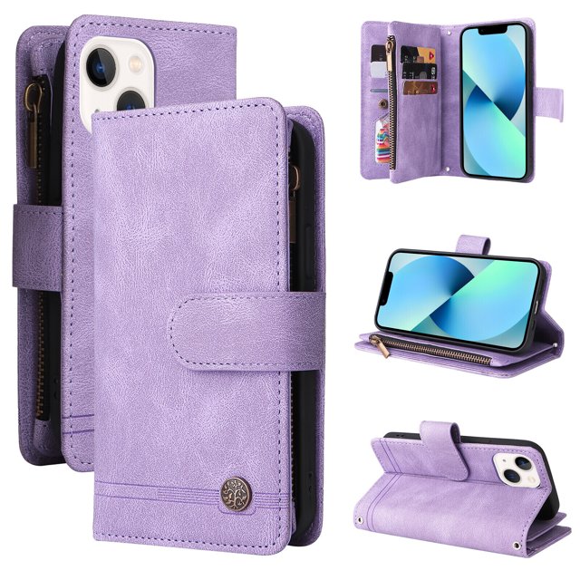 Case for iPhone 13 Mini Cover Zipper Pocket Wallet Case Magnetic Protective - Purple