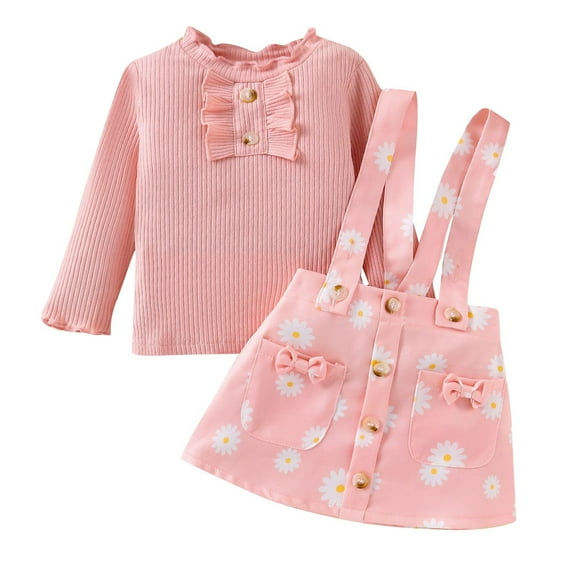 Odeerbi 6M-4Y Conjunto de Algodón Para Niñas Tops de Manga Larga de Punto Elástico Con Falda de Tirantes Con Estampado de Margaritas Conjunto de Dos Piezas Conjunto de Falda Floral