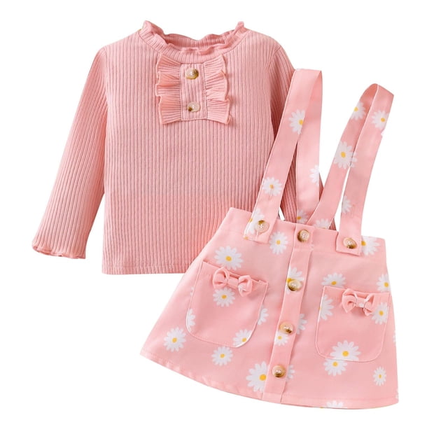Odeerbi 6M-4Y Conjunto de Algodón Para Niñas Tops de Manga Larga de Punto Elástico Con Falda de Tirantes Con Estampado de Margaritas Conjunto de Dos Piezas Conjunto de Falda Floral