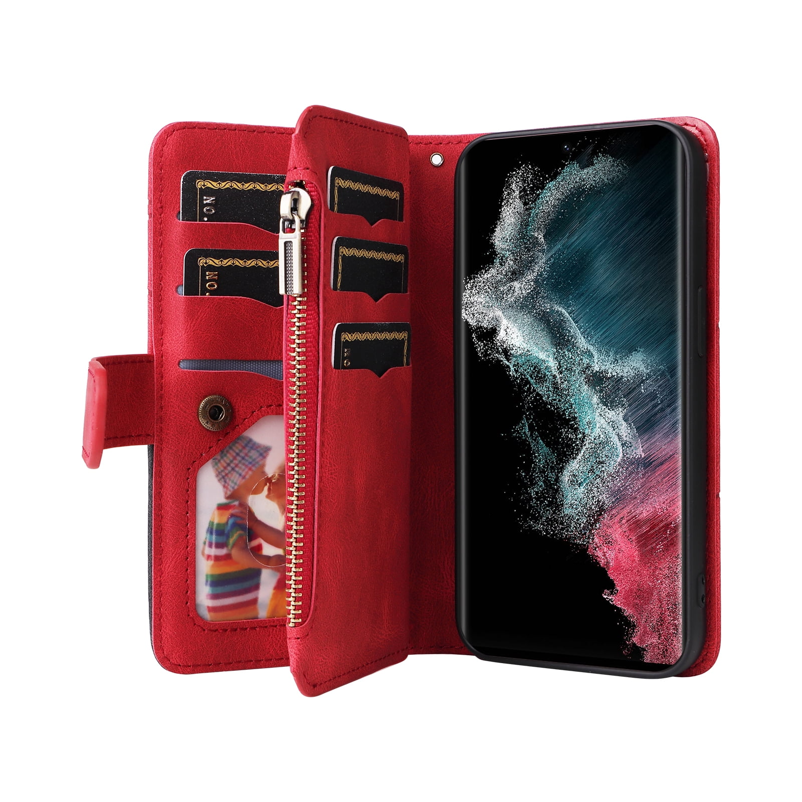 Dteck for Samsung Galaxy S23 Case 2023 6.1 Inch Wallet with 9 Card Slots, Zipper Pocket PU Leather Folio Flip Phone Case with Wristlet Strap for Samsung Galaxy S23 5G,Red