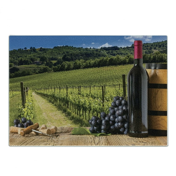Winery Cutting Board, Red Wine Bottles with Grapes on Timber Board Tuscany Italian Terrace Scenery, Decorative Tempered Glass Cutting and Serving Board, Small Size, Green Blue Brown, by Ambesonne