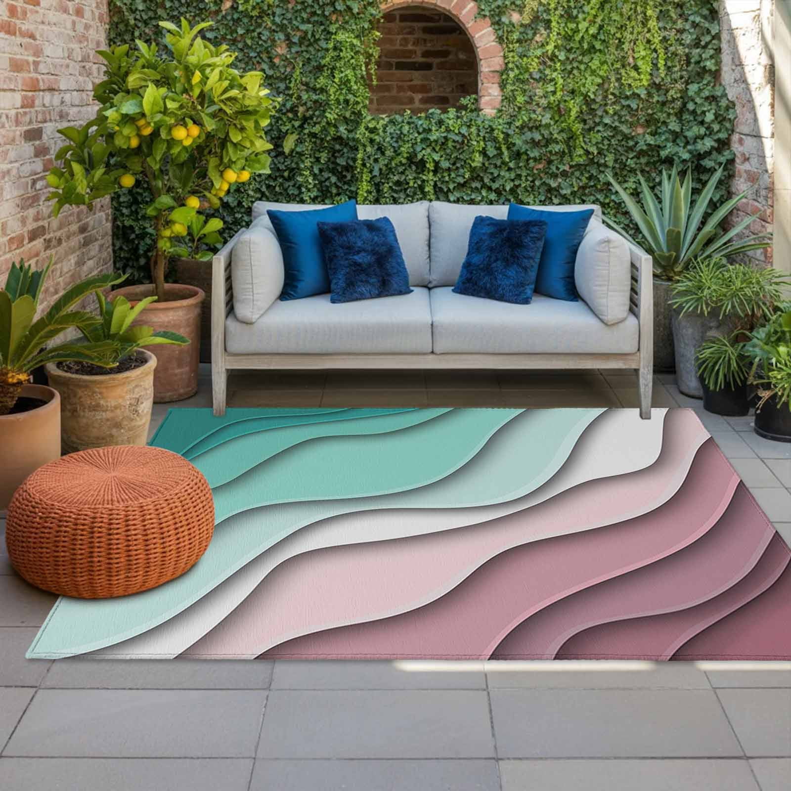 5' x 8' Outdoor Rug, Green Ombre Outdoor Washable Rug Large Floor Carpet, Modern Geometric Abstract Dark Red Cream Non Shedding Area Rug for Outside Patio RV Porch Deck Balcony Camping Living Room