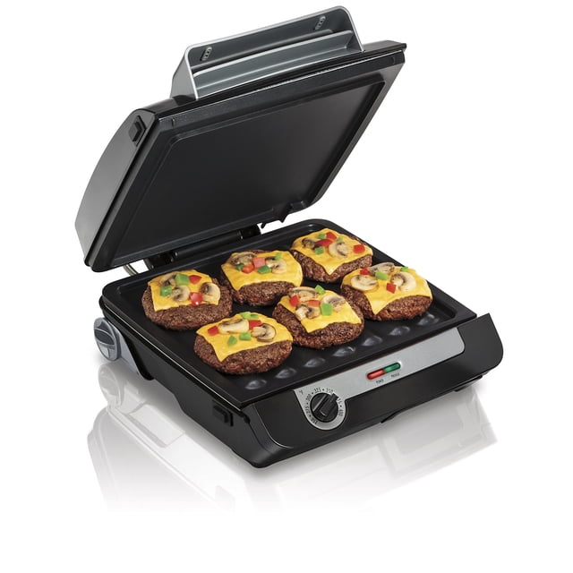 Hamilton Beach 4 en 1 parrilla de interior y parrilla eléctrica combinada con cocina de tocino, abre superficie de cocción plana a dobl