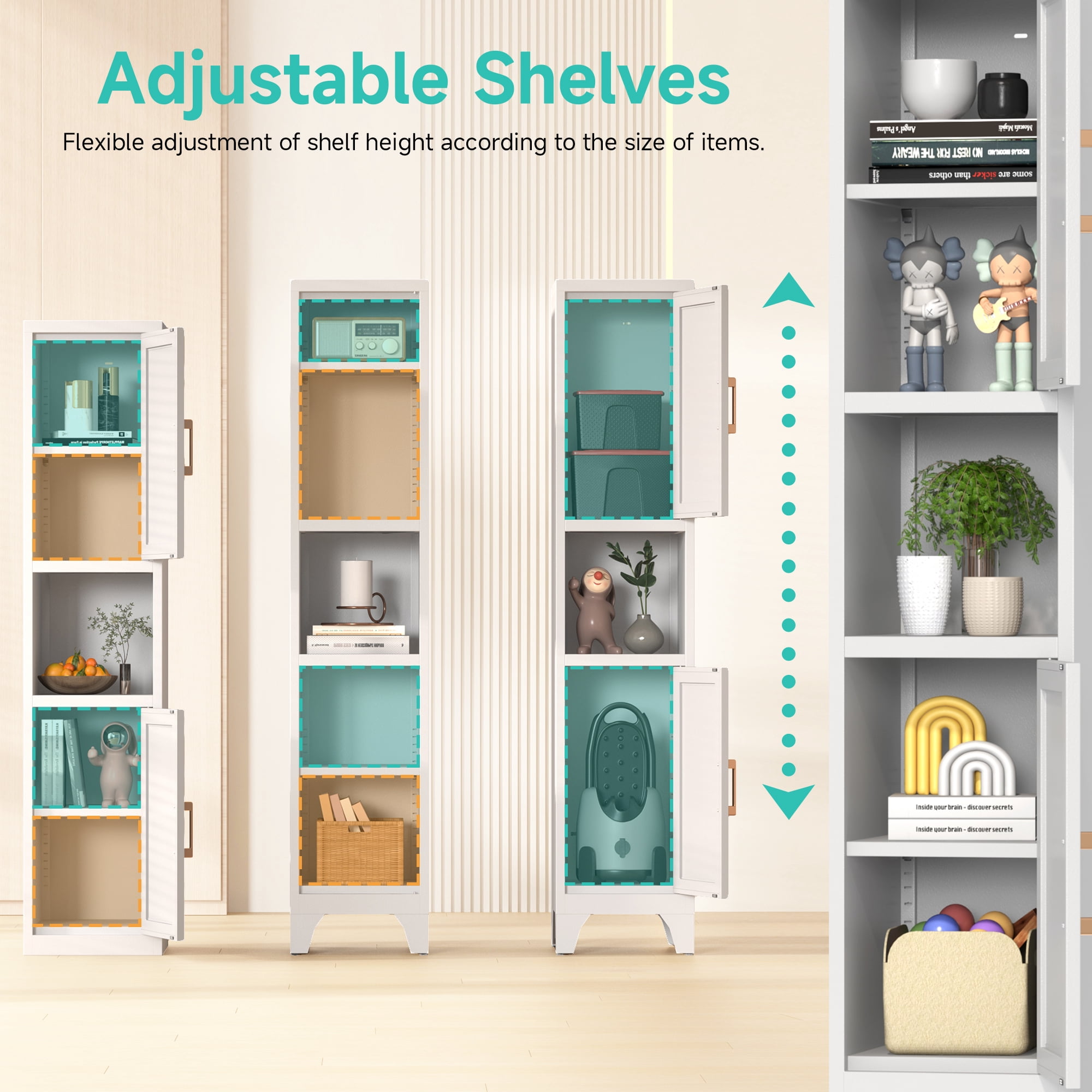 Modern Tall Slim Metal Cabinet with Adjustable Shelves & Doors, Open & Closed Storage, Adjustable Feet for Kitchen, Bathroom, Living Room, Apartment - Sturdy & Easy Assembly，White