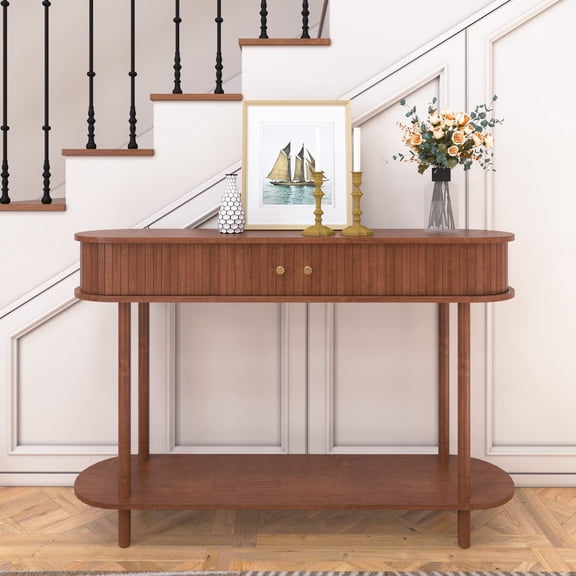 CBJCBJ 47.5" Console Modern Entryway Table with Wood Tambour Door Sofa Console &Storage Shelf for Hallway, Living Room(Brown)