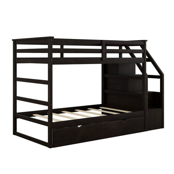 imerelez Twin-Over-Twin Bunk Bed with Twin Size Trundle and 3 Storage Stairs,Espresso