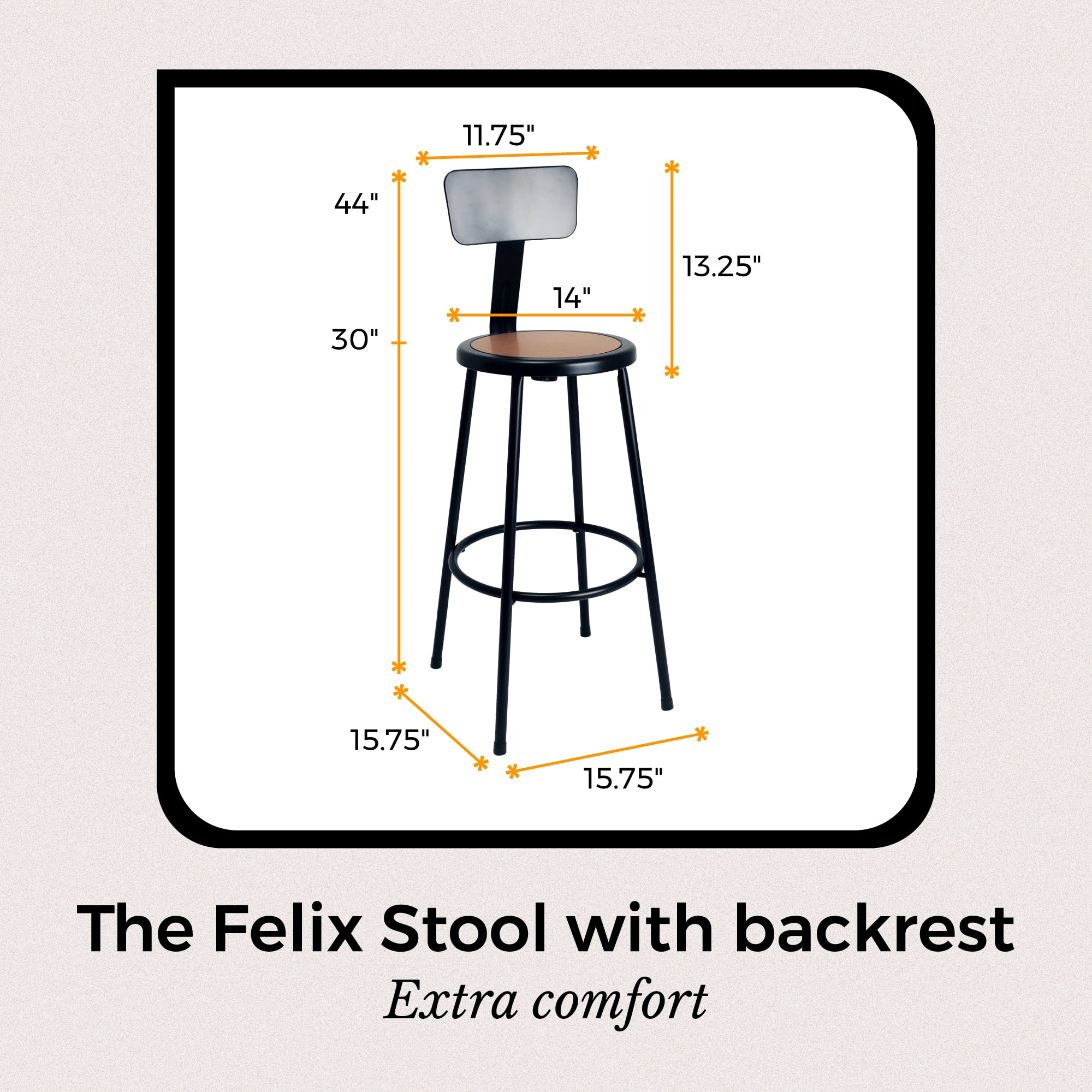 Hampden Furnishings Felix Collection 30-Inch Steel Stool with Backrest, Black, AssemblyReady
