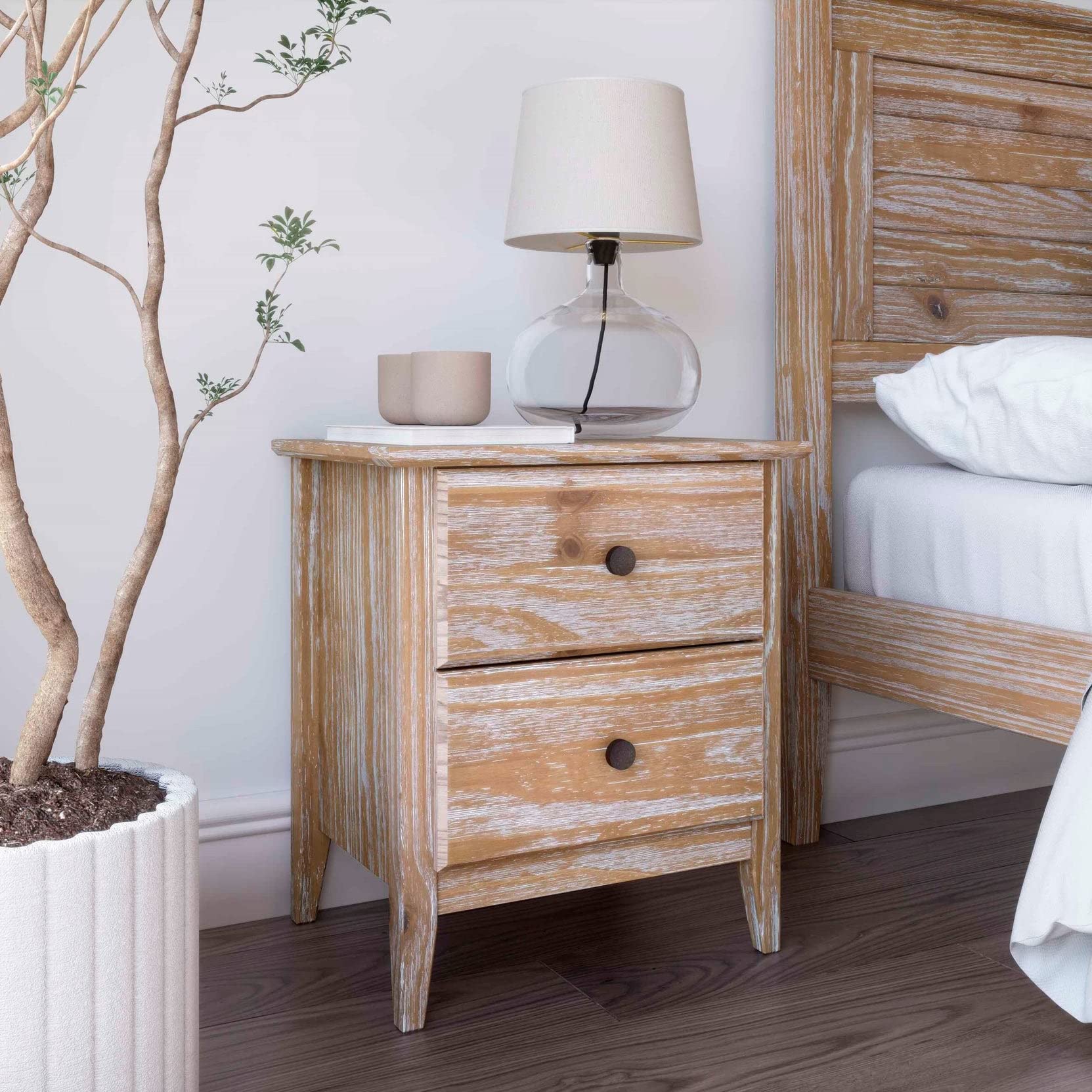 Grain Wood Furniture Greenport 2-Drawer Bedroom Nightstand, Solid Wood with Brushed Driftwood Finish