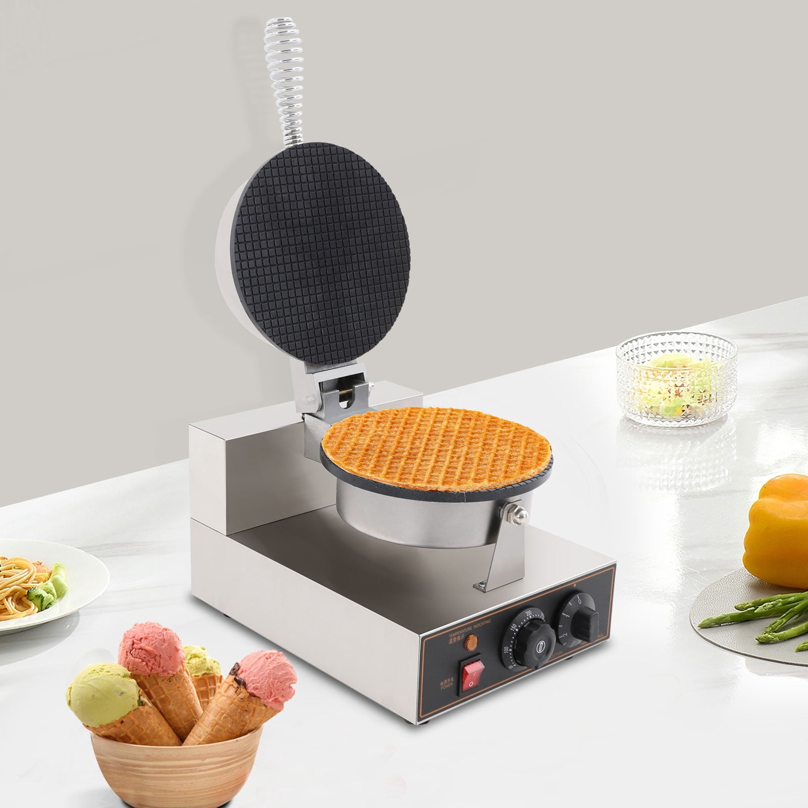 1200W Commercial Ice Cream Cone Machine, Stainless Steel Waffle Cone Maker, Temperature and Time Control