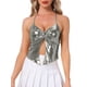 thumbnail image 1 of Camiseta sin espalda metálica Inspire Chic para mujer, con tirantes asimétricos y halter, top brillante XS en plata oscura, 1 of 6