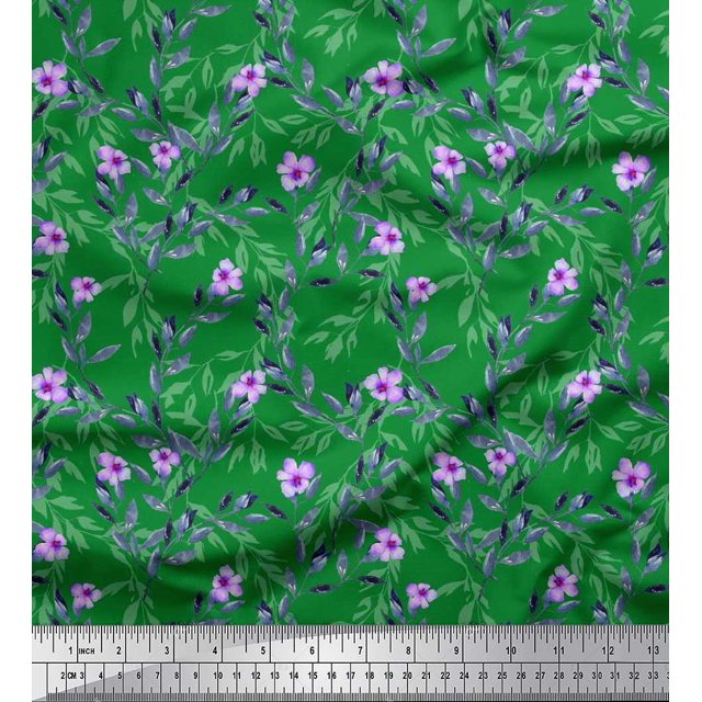 Soimoi Cotton Poplin Fabric Leaves & Periwinkle Floral Print Fabric by Yard 56 Inch Wide
