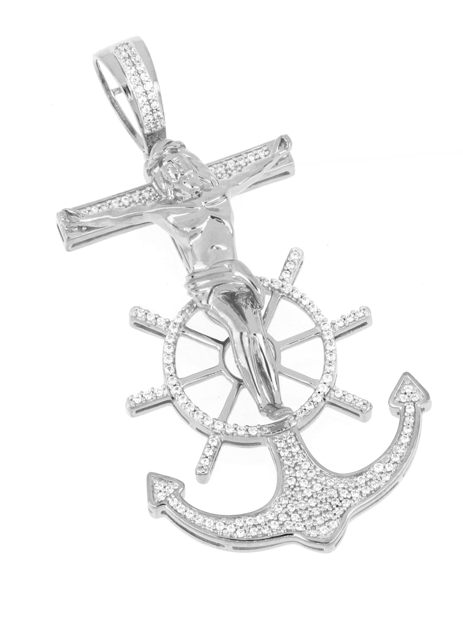 Chain 10K Yellow Gold Silver Anchor Wheel Jesus Crucifix Pendant Diamond Charm 