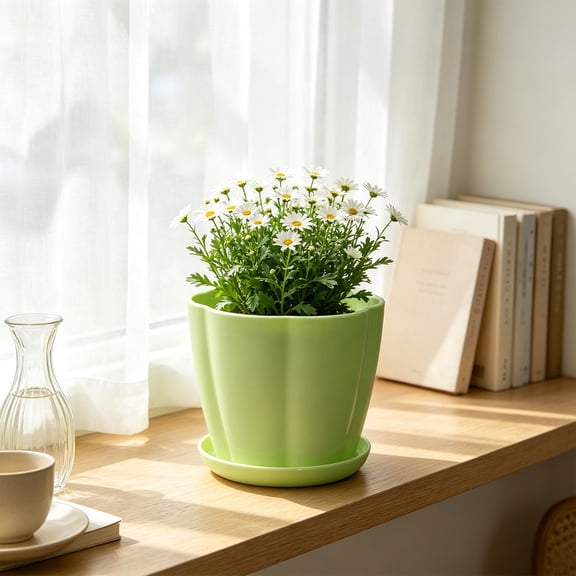 Flower Shaped Plastic Planter with Saucer, 7 Inch Decorative Succulent Pot with Drainage Hole, Cute Petal Herb Container for Indoor Outdoor Home Decor
