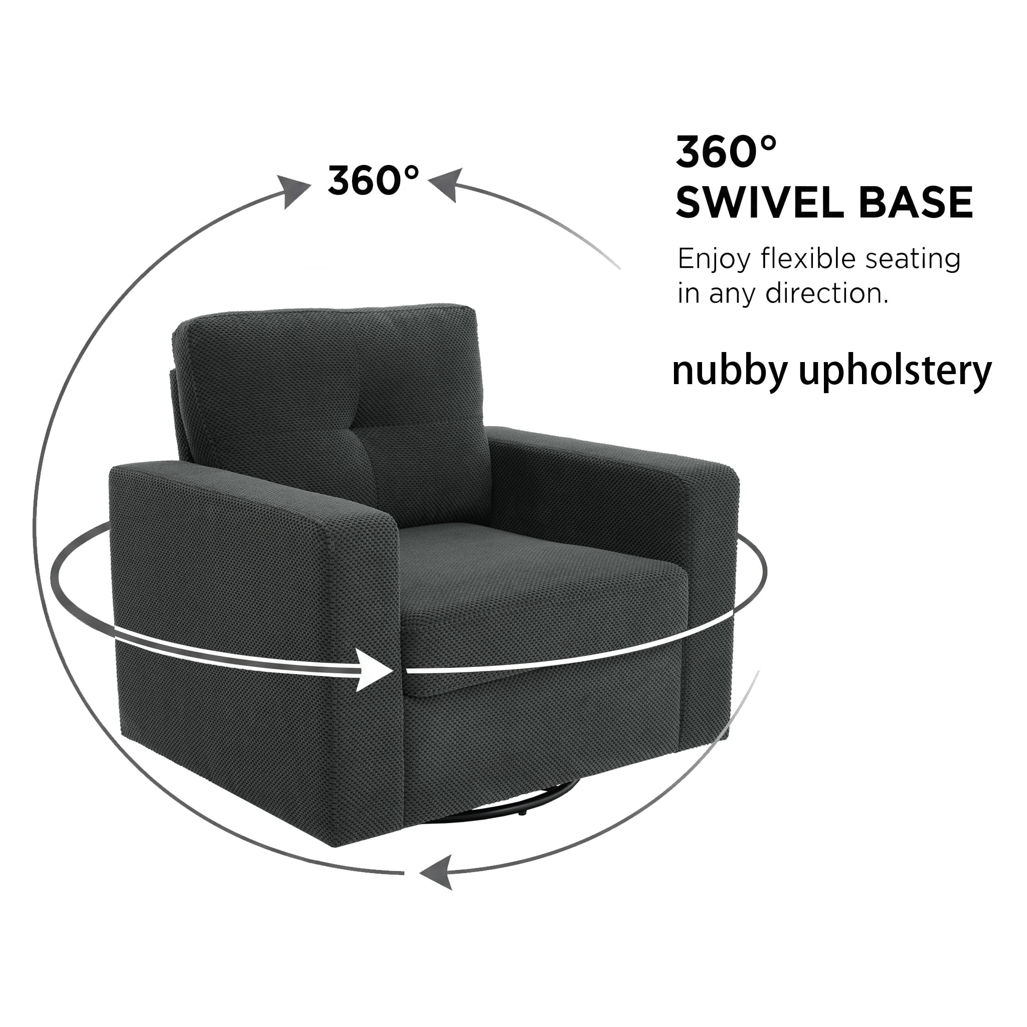 MOONMISS 360° Swivel Accent Chair with Point-Tufted Back & Textured, Upholstery Square Arm Armchair with Metal Pedestal Base, Soft Pillows for Living Room, Bedroom