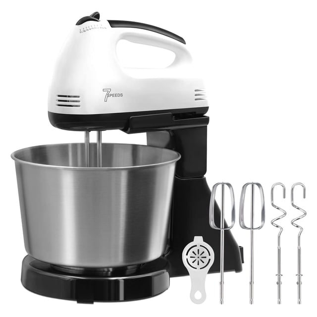 Batidora de Pedestal, Diseño Dos en Uno Turbocharged Batidora de Mano con Pedestal, 6 Velocidades Mezclador de Cocina Incluye Tazon y 4 Barras de Mezcla para Mezclar, 1 Separación De Claras De Huevo