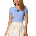 thumbnail image 1 of INSPIRAR CHIC Blusa de cuello Peter Pan con lazo para mujer, de manga corta, sólida, casual, top de verano XL, azul claro, 1 of 5