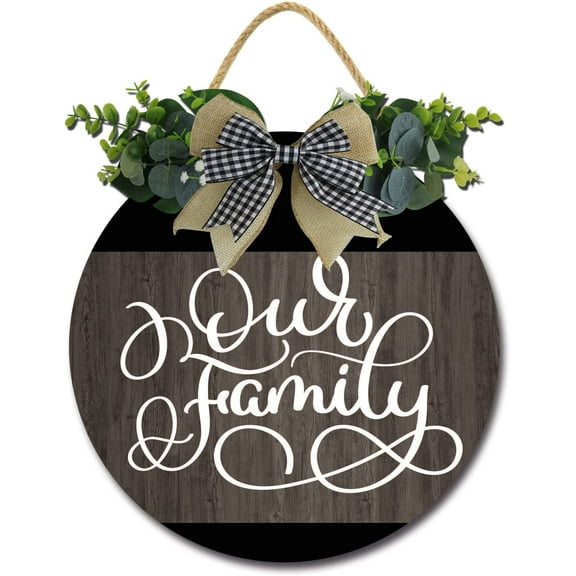 Eveokoki 12" Our Family Wreath Hanging Welcome Sign Front Door Signs Wooden Farmhouse Rustic Decor with Vivid Greenery Home Decor for Front Door Fall Winter Housewarming Gifts